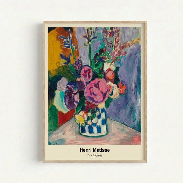Framed modern art print featuring expressive pink peonies with gestural brushstrokes in Matisse's distinctive style, serene and bold.
