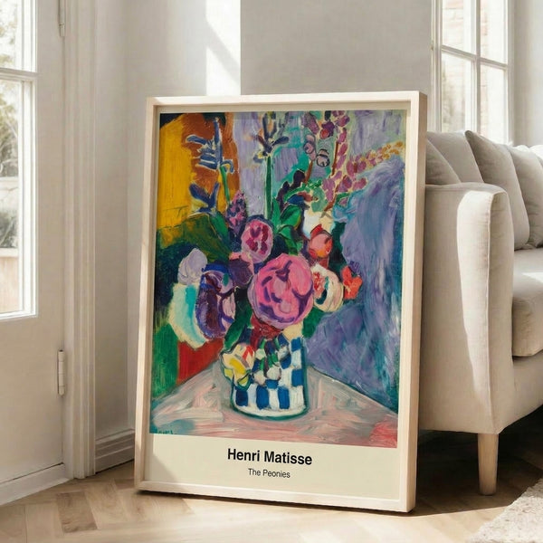 Vibrant peony flower artwork in pink, blue, and white with Matisse-inspired organic shapes and calming minimalist aesthetic.