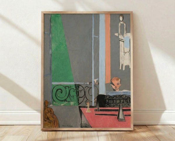 Framed modernist poster of The Piano Lesson, featuring a woman at a piano in warm ochres, blues, and greens with geometric forms and flattened perspective.