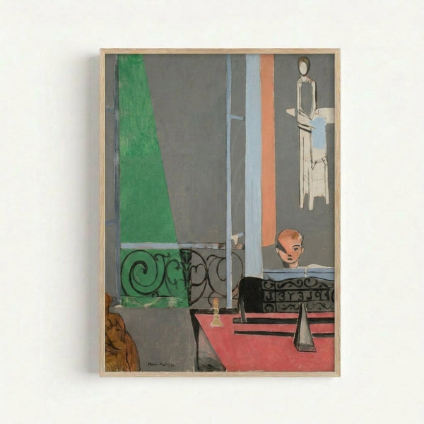 Wall art print showing an interior scene with a seated figure at a piano, rendered in a Matisse-style palette of soft mustard, teal, and cream tones.