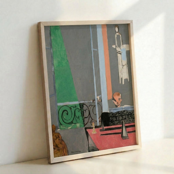 Modernist poster art depicting a piano lesson scene with bold color blocks and simplified forms in earth tones and jewel blues.