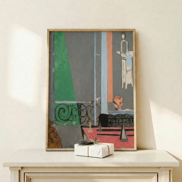 Framed art print of a figure playing piano in a tranquil interior, combining warm yellows and soft greens in a semi-abstract composition.