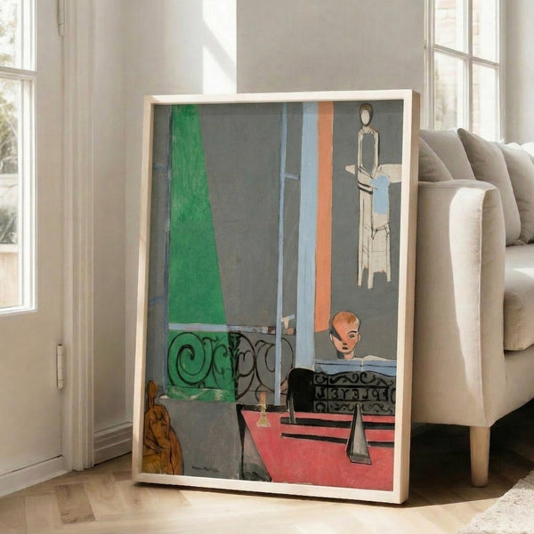 Matisse-inspired wall poster featuring a seated pianist in an intimate interior with harmonious tones of ochre, slate blue, and cream.