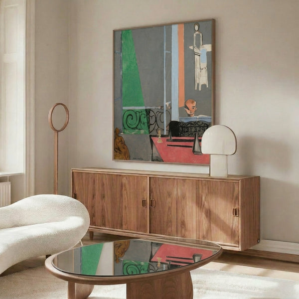 Contemporary framed art displaying a piano lesson moment with flattened forms and a meditative palette of warm and cool hues.