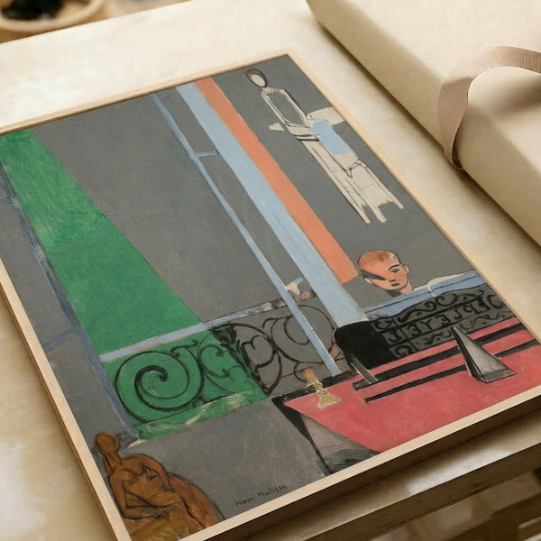 Wall art print capturing a serene music lesson in modernist style, blending organic curves and geometric shapes in muted gold, green, and blue tones.