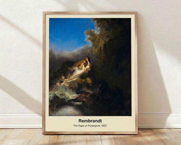 Baroque mythological painting depicting Proserpine's abduction on horseback, rendered in dramatic ochre, brown, and gold tones with deep shadows and cream highlights, framed as a wall poster.