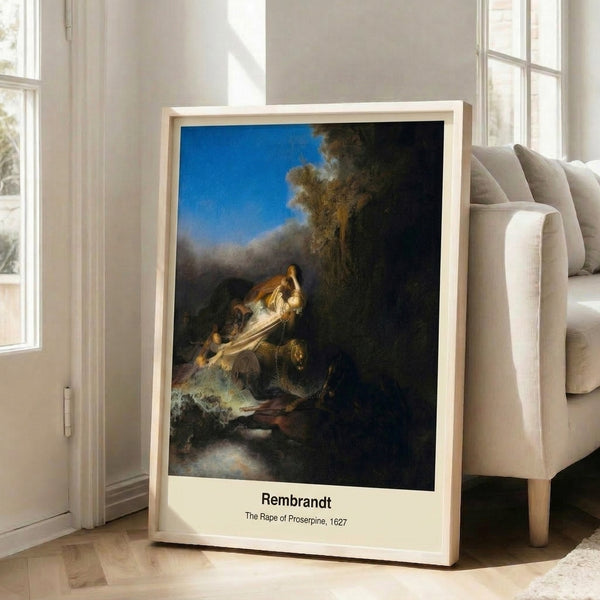 Rembrandt-inspired Baroque masterpiece capturing mythological chaos and movement in cream, ochre, and brown pigments with atmospheric shadow, hung as a framed vintage-style poster.