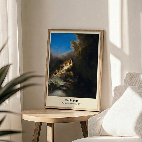 Dramatic baroque mythology artwork showing an abduction scene with horses and figures rendered in moody gold and brown tones, framed as an elegant wall art print.