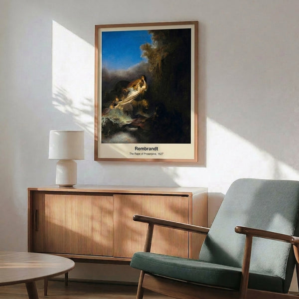 Richly shadowed mythological narrative in Baroque style depicting human and equine figures in motion, painted with golden ochre and deep earth tones, presented as a wall-mounted poster.