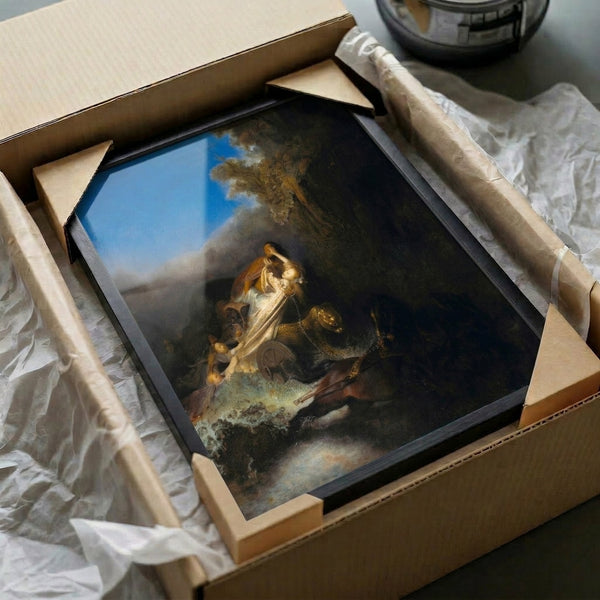 Intense Baroque mythological composition with swirling movement and classical subjects, rendered in warm creams, browns, and golds with dramatic shadow play, framed as a gallery wall print.