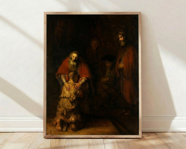 Rembrandt's The Return of the Prodigal Son, a classic biblical oil painting depicting an emotional family reunion with warm golden light and rich earth tones.