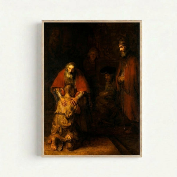 Framed poster of Rembrandt's masterpiece showing the prodigal son kneeling before his father in a tender moment of forgiveness and reconciliation.