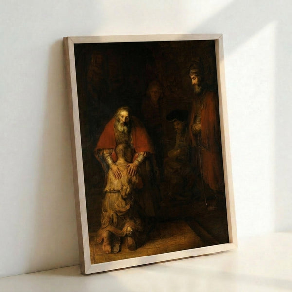 The Return of the Prodigal Son by Rembrandt, a centuries-old painting rendered in deep browns, ochres, and golden highlights evoking spiritual redemption.