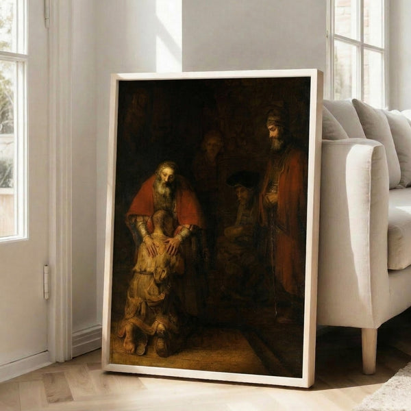 Classical biblical artwork featuring a dramatic scene of paternal love and homecoming, rendered in Rembrandt's signature chiaroscuro style with luminous focal point.