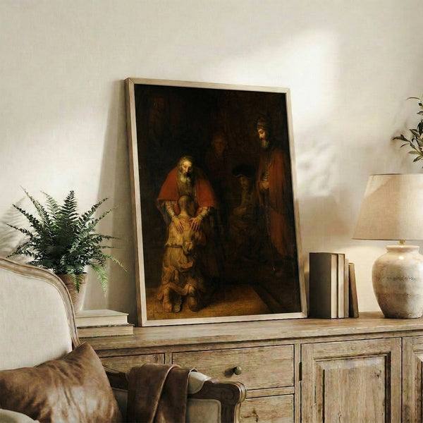 Wall art print of Rembrandt's iconic Dutch Golden Age masterpiece capturing the profound moment of a prodigal's return and parental embrace.