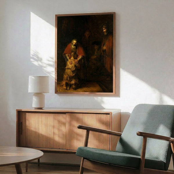 Vintage oil painting reproduction showing an intimate family scene in muted golds and shadowy tones, a timeless meditation on forgiveness and grace.