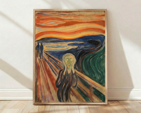 Edvard Munch's iconic expressionist masterpiece featuring an anguished figure on a bridge with swirling orange and blue sky, framed poster art print.