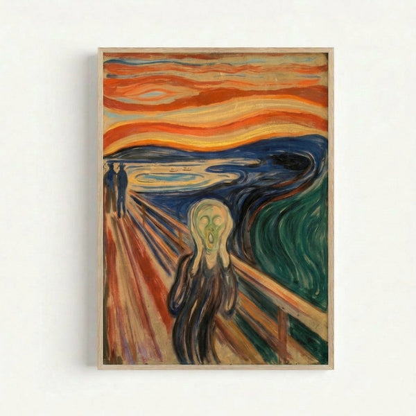 Dark expressionist artwork depicting a distorted human form clutching their face against a vibrant, turbulent landscape of warm and cool tones.