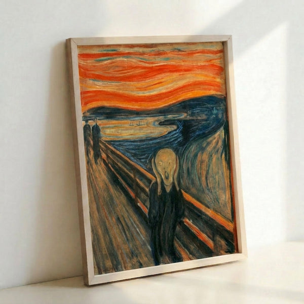 Framed modern art print of Munch's celebrated composition showing existential anxiety through bold brushstrokes and an emotionally charged color palette.