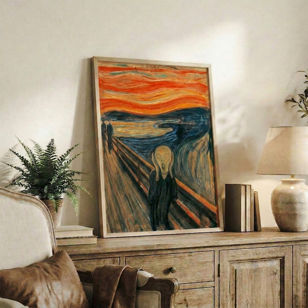 Expressionist masterwork featuring a screaming silhouette against rippling waves of orange, pink, and deep blue sky; timeless dark art print for contemporary spaces.