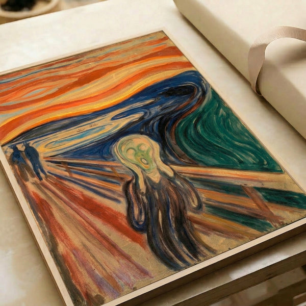 Framed reproduction of Munch's expressionist tragedy with its unmistakable bridge setting and swirling atmosphere evoking inner turmoil through bold, emotive hues.