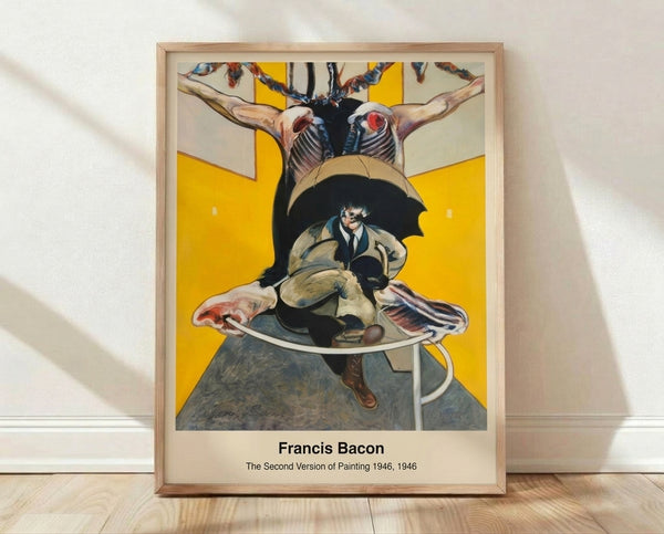 Abstract expressionist framed poster featuring a distorted figure rendered in black, ochre, and red tones, creating a viscerally anguished and psychologically intense composition.