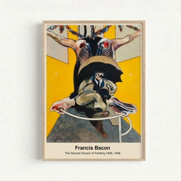 Surreal wall art print displaying a fragmented form in muted greys and ochre with stark black lines, evoking raw emotional turmoil through abstracted figuration.