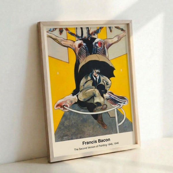 Framed fine art print of a contorted, ambiguous figure in red and black strokes against ochre grounds, conveying existential anxiety through expressionist mark-making.
