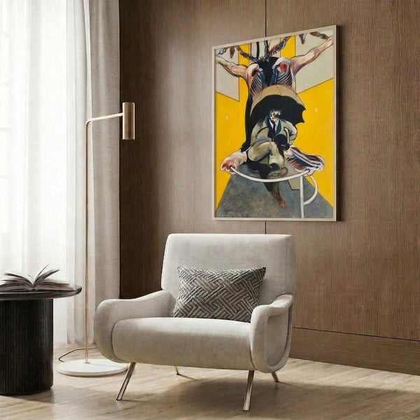 Contemporary wall art showing a writhing abstract figure in black, red, and ochre hues, capturing psychological intensity through distorted, non-representational forms.