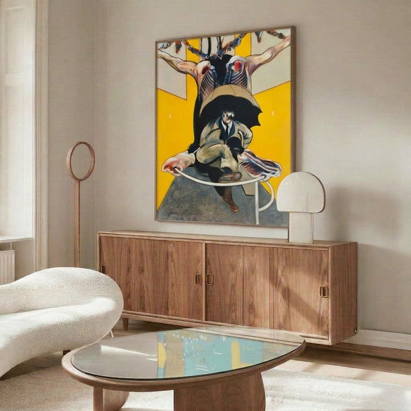 Surrealist framed print of a warped, anguished form rendered in bold black strokes and warm earthy tones, evoking primal human suffering and unease.