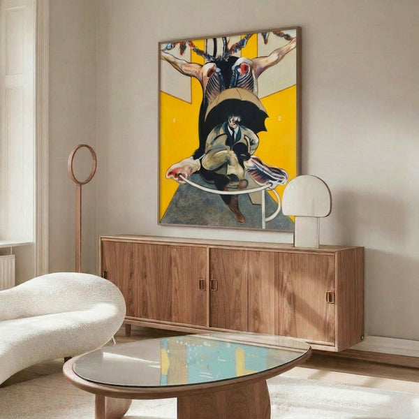 Modern abstract poster in subdued colors displaying deconstructed forms and layered planes, creating a contemplative and unsettling visual atmosphere.