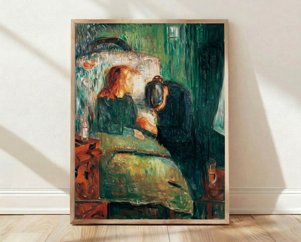 Edvard Munch's The Sick Child, an expressive portrait of a melancholic figure in muted earth tones and pale blues, framed as a gallery-quality print.