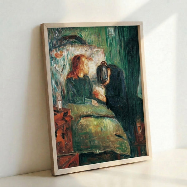 The Sick Child by Munch: a poignant figurative composition in ochre, gray, and blue tones conveying grief and solitude through simplified, emotionally charged brushwork.