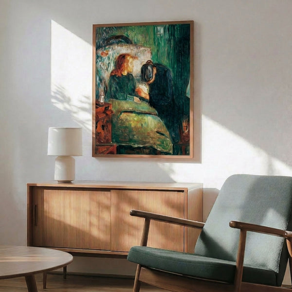 Evocative wall art based on Munch's famous work, showcasing a contemplative pose in cool and warm neutral tones with psychological depth and artistic restraint.