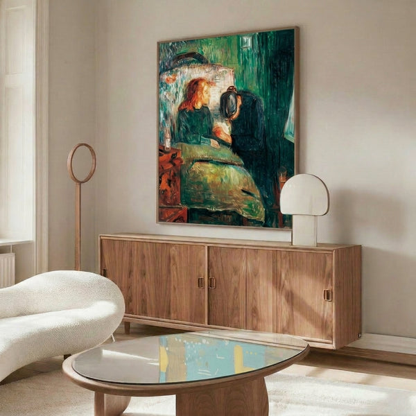 Expressionist framed poster featuring a solitary figure rendered in soft earthtones and pale hues, communicating melancholy and introspective mood through loose brushwork.