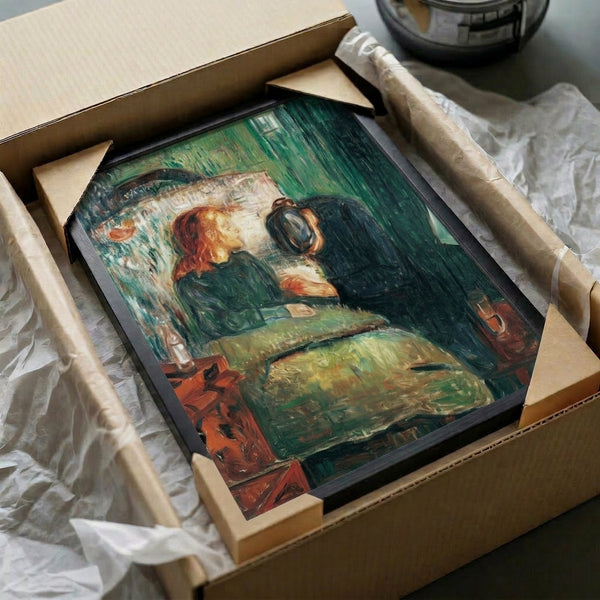 Classic Munch composition: a sensitive portrait study in subdued color palette capturing emotional stillness and vulnerability, printed as refined wall art.