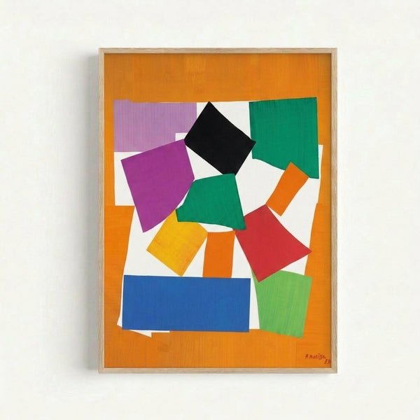 Colorful modern art print featuring bold paper-cut shapes inspired by Matisse's iconic snail design in warm and cool tones.