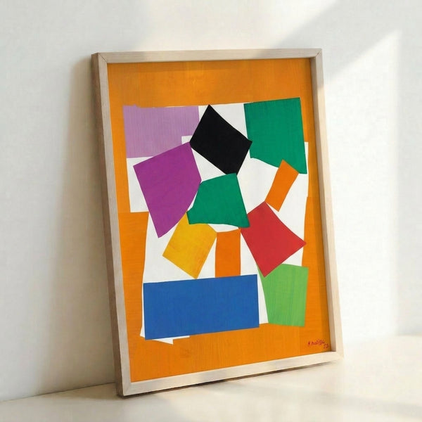 Framed poster displaying an abstract spiral composition with vivid organic forms in cheerful primary and secondary colors.