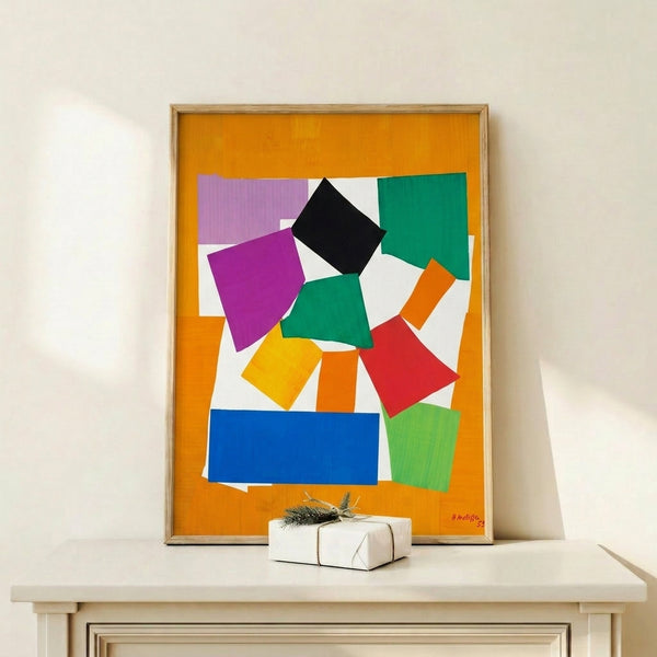 Contemporary wall art print showing a playful arrangement of colorful geometric cut-out shapes forming a snail motif.