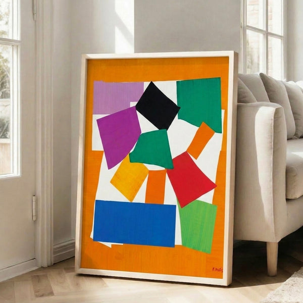 Bright and joyful cut-out art poster with interlocking shapes in blues, greens, oranges, and yellows arranged in an abstract spiral pattern.
