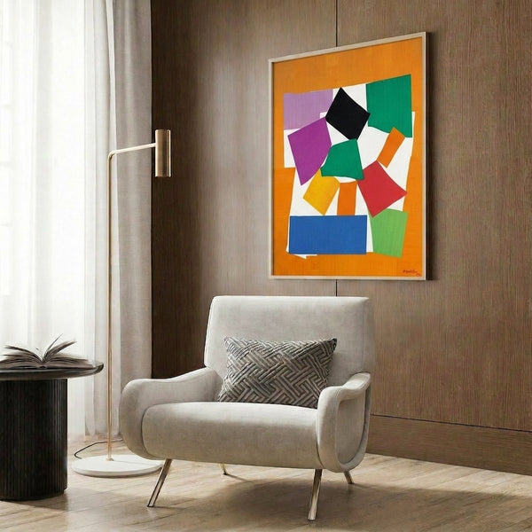 Matisse-inspired abstract poster featuring bold, colorful paper-cut forms creating a dynamic spiral composition on a light background.