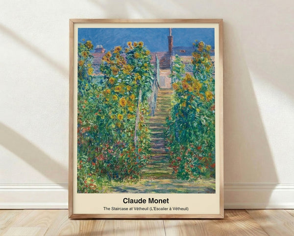 Impressionist landscape painting of a serene countryside staircase beneath a luminous sky, rendered in soft blues, creams, and golden light characteristic of Claude Monet's style.