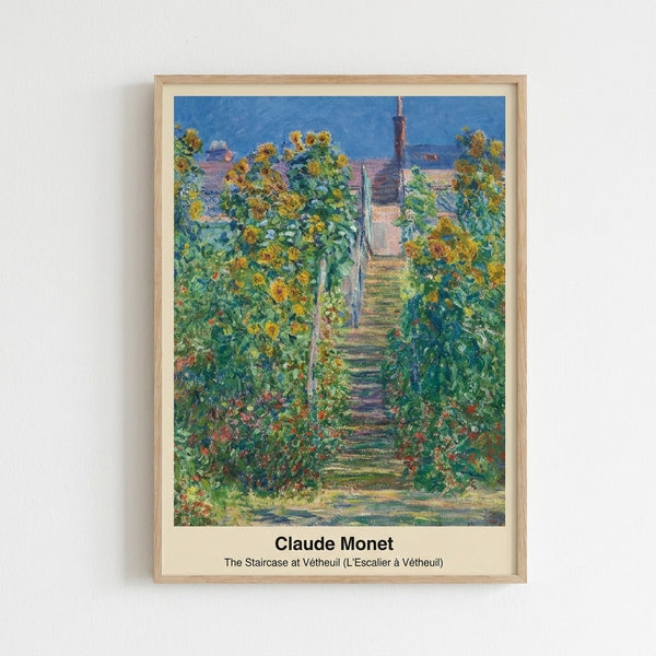 Framed Monet-style impressionist artwork depicting a contemplative rural staircase scene with ethereal clouds and gentle green tones creating a peaceful atmosphere.