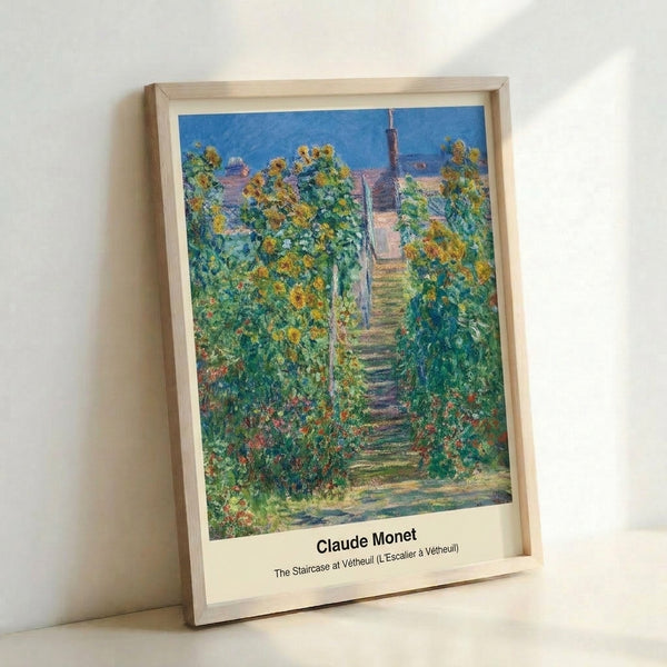 Serene impressionist print showing a countryside staircase bathed in soft golden and blue light, with delicate brushwork capturing the quiet mood of the landscape.
