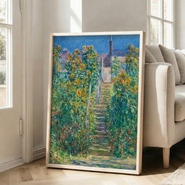 Claude Monet inspired impressionist painting of a staircase descending through a luminous landscape, featuring cream, soft blue, and green hues under a dreamy sky.