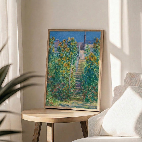 Impressionist wall art depicting a tranquil staircase scene in a countryside setting, rendered in Monet's signature soft palette of blues, whites, and warm golden tones.