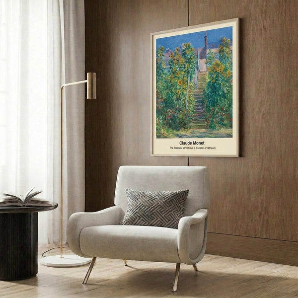 Contemplative impressionist landscape print featuring a solitary staircase beneath an ethereal sky, with luminous brushwork in cream, soft blue, and gentle green.