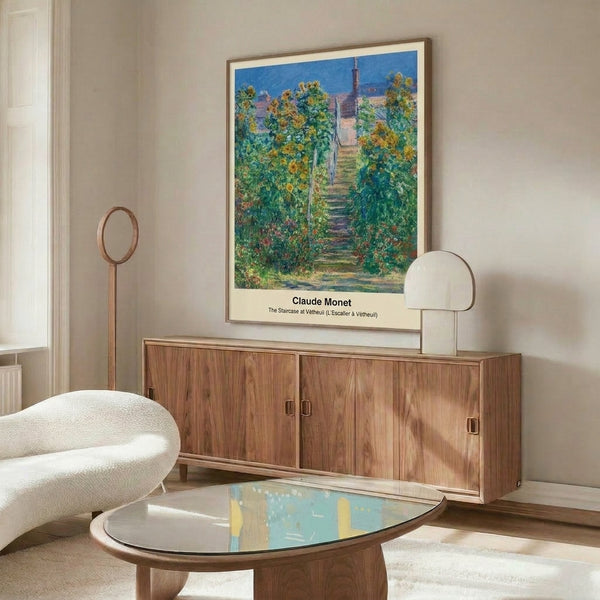 Serene impressionist artwork of a countryside staircase framed on a wall, capturing the peaceful mood through soft colors and delicate treatment of light and cloud formations.