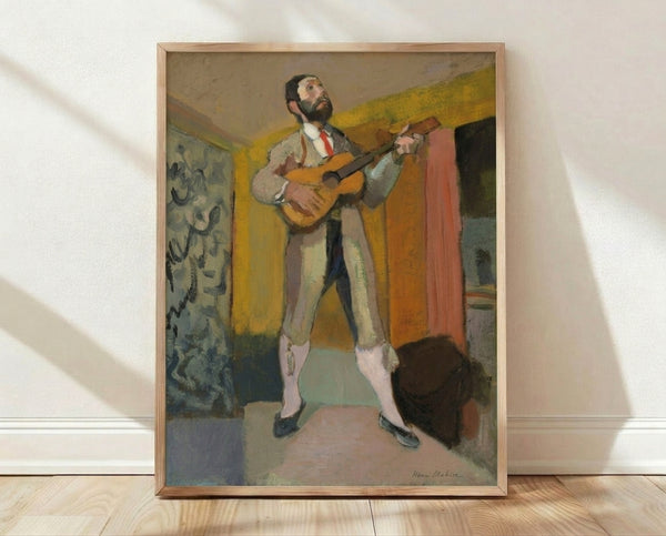 Matisse cubist art print featuring an abstract standing guitarist with geometric shapes and vibrant watercolor tones in blues, greens, and warm accent colors.