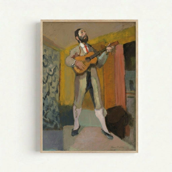 Modern framed poster of The Standing Guitarist showcasing Matisse's distinctive cubist style with layered abstract forms and a contemplative artistic mood.